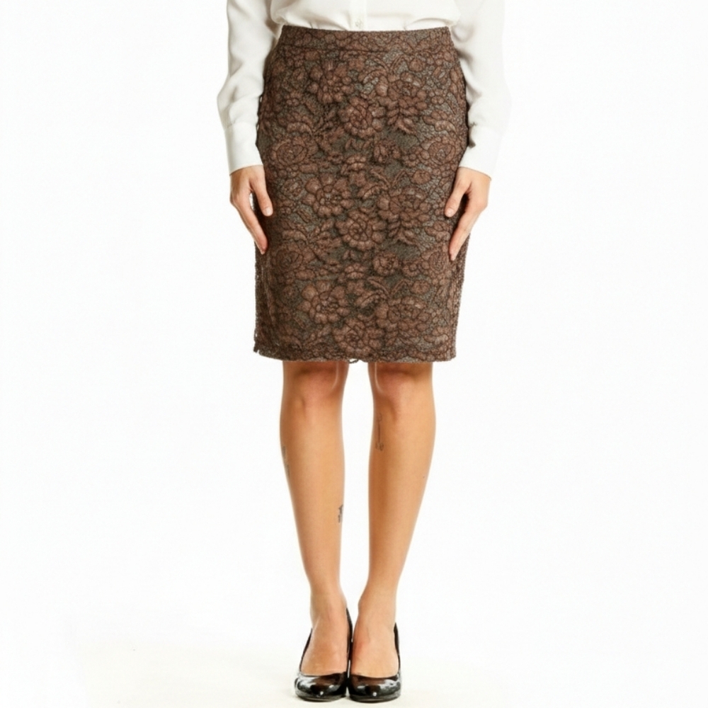 LOFT Brown Eyelash Lace Overlay Pencil Skirt Size 2P